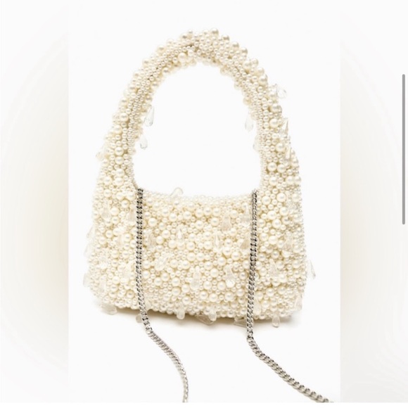 Zara pearl beaded embellished off white cream handbag purse with chain crossbody - Picture 2 of 7